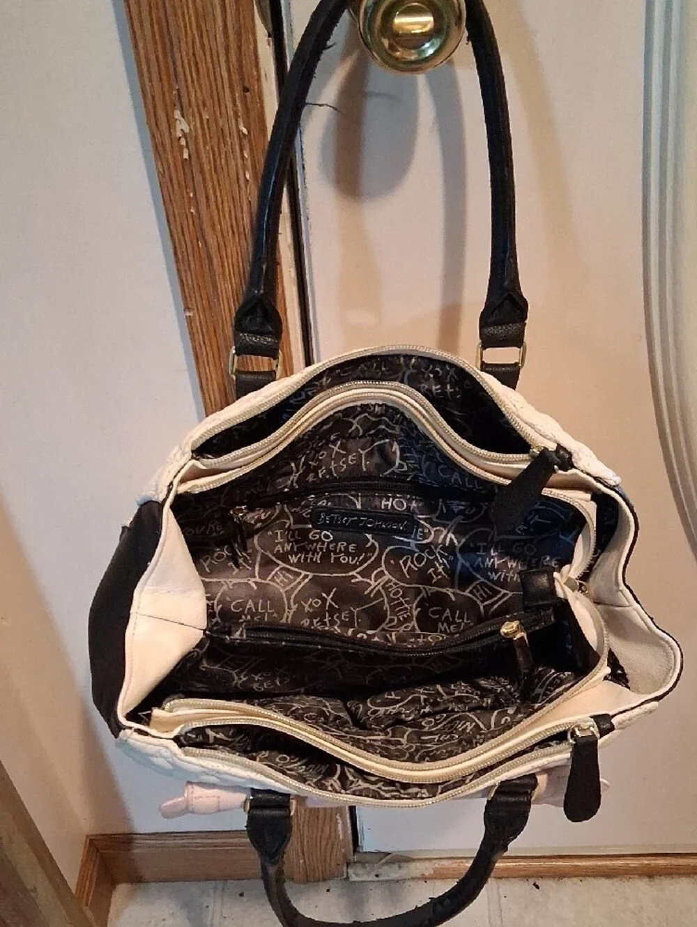 Betsey Johnson White Quilted Satchel with Blush Scallop Flap and Black Handles